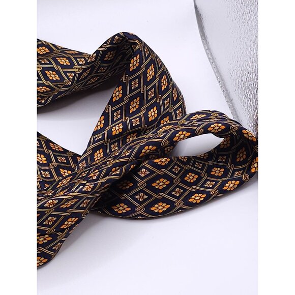 Paco Rabanne Mens Silk Tie Geometric Floral Pattern Navy & Gold Made In Italy - Picture 8 of 13